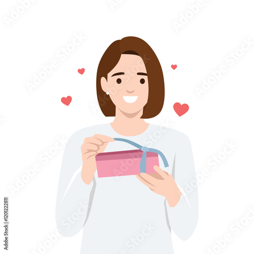 Woman Unwrapping Joy and Love. Flat vector illustration isolated on white background