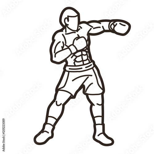 Boxing Sport Kickboxing Muay Thai Boxer Action Outline Cartoon Graphic Vector
