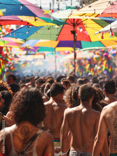 A vibrant outdoor event with a colorful canopy of umbrellas overhead, creating a festive atmosphere. A large crowd of people, some shirtless, is gathered, suggesting a warm and lively environment
