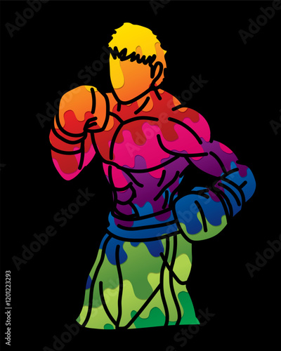 Boxing Sport Kickboxing Muay Thai Boxer Ready to Fight Action Cartoon Graphic