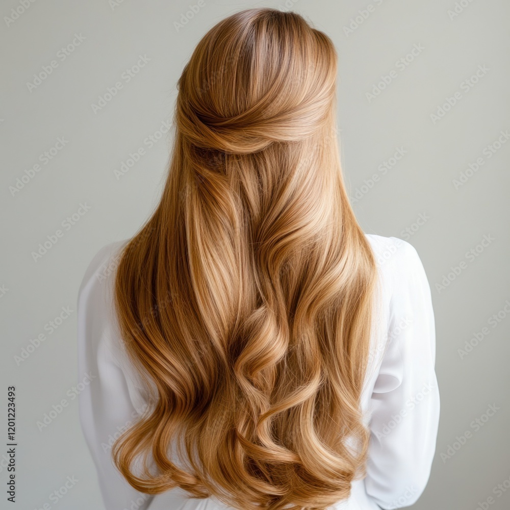 Naklejka premium Golden-hued flowing hair with a gentle half-up style