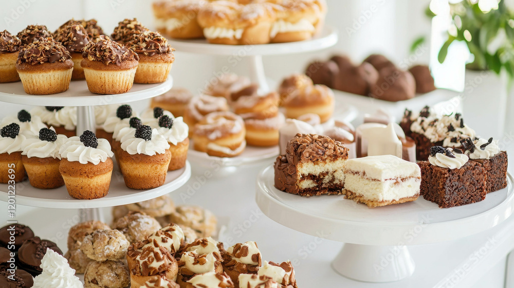 Assorted Baked Goods Display with Pastries, Cakes, and Desserts on White Cake Stands Assorted Baked Goods Display with Pastries, Cakes, and Desserts on White Cake Stands
