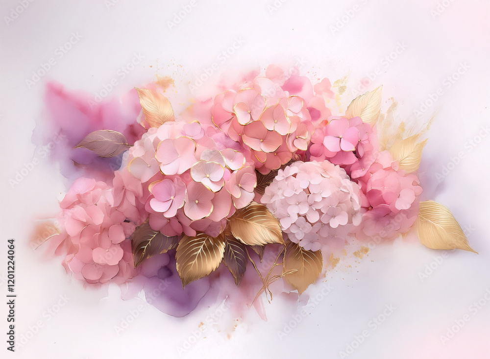 Delicate pink hydrangeas and gold leaves arranged against a soft watercolor background of purples and pinks. The composition evokes a feeling of springtime elegance. Delicate pink hydrangeas and gold leaves arranged against a soft watercolor background of purples and pinks. The composition evokes a feeling of springtime elegance.