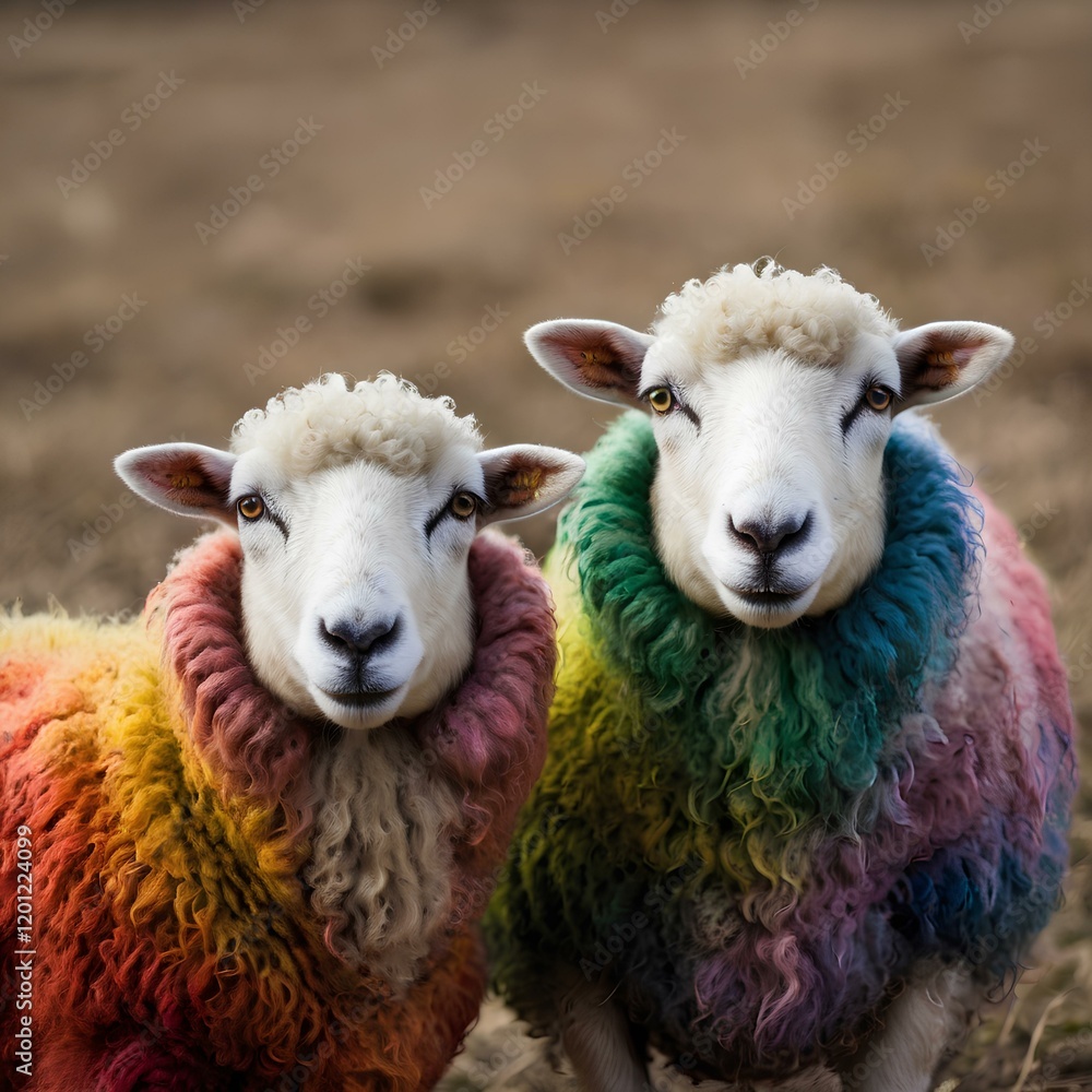 Obraz premium Two rainbow-colored sheep in a meadow