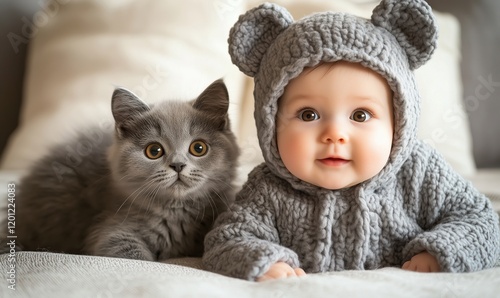 Adorable baby in gray bear hoodie with fluffy gray kitten, cozy indoor setting, warm expressions, soft textures, playful companionship photo