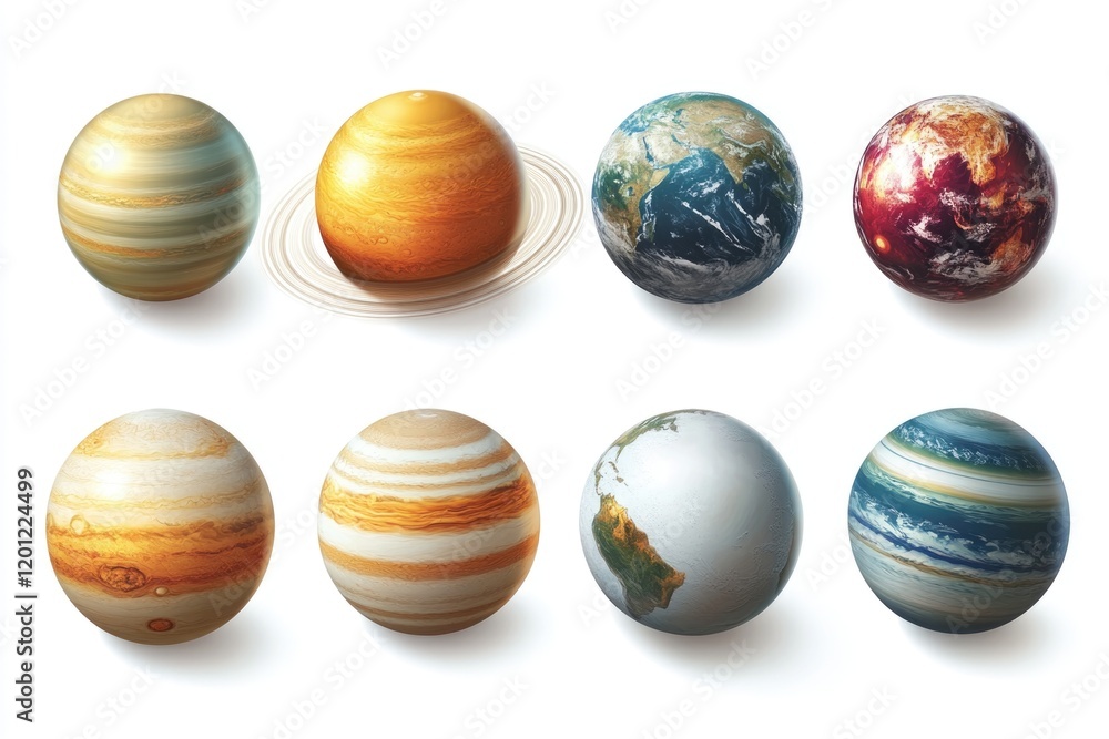 A collection of eight differently sized planets on a white background, ideal for use in space-themed designs and illustrations A collection of eight differently sized planets on a white background, ideal for use in space-themed designs and illustrations