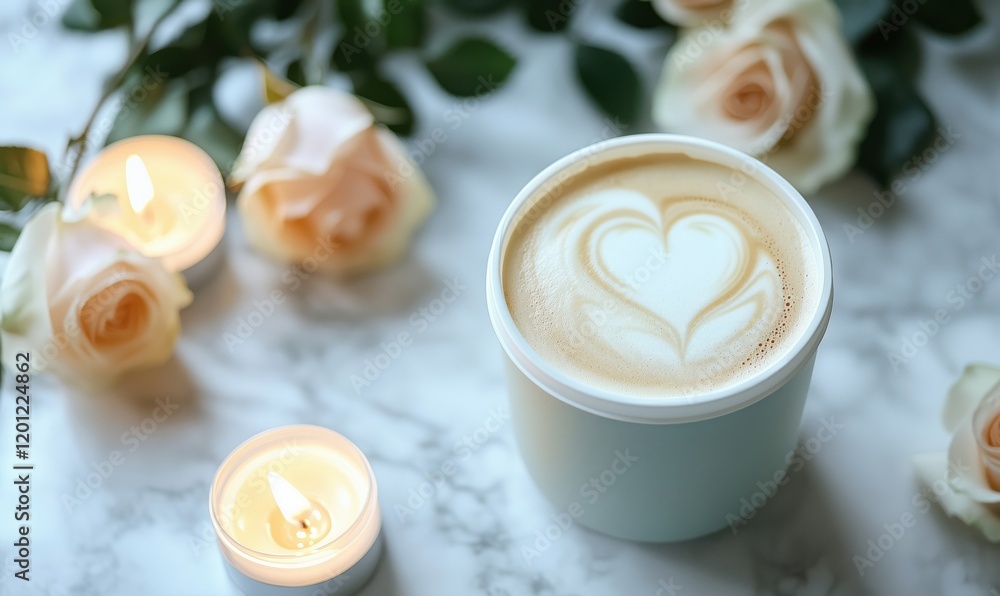 Heart-shaped latte art in cozy setting with soft pink roses and glowing candles, creating a romantic atmosphere Heart-shaped latte art in cozy setting with soft pink roses and glowing candles, creating a romantic atmosphere