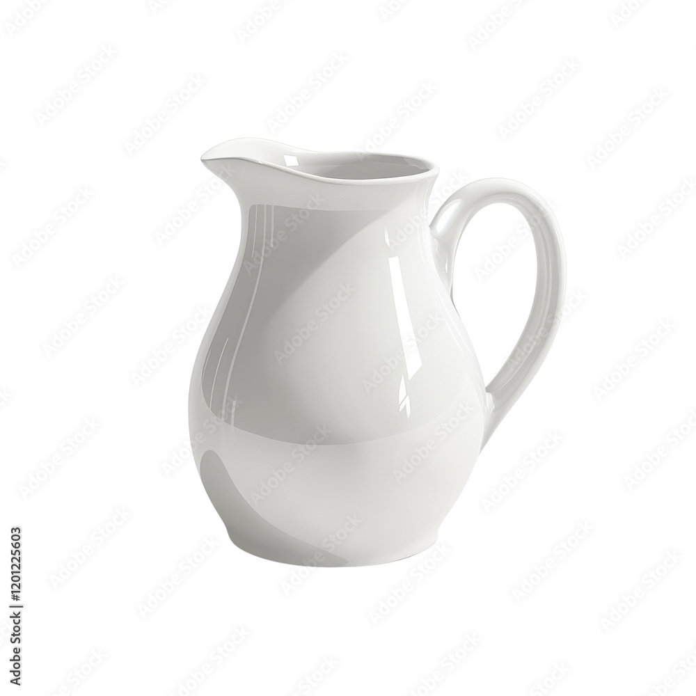 A single white ceramic creamer pitcher is shown against a plain white background. It has a simple elegant design. A single white ceramic creamer pitcher is shown against a plain white background. It has a simple elegant design.