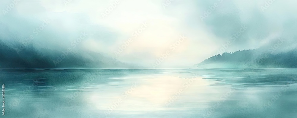 Obraz premium Misty watercolor concept. A tranquil misty lake with soft blue tones and serene reflections at dawn.