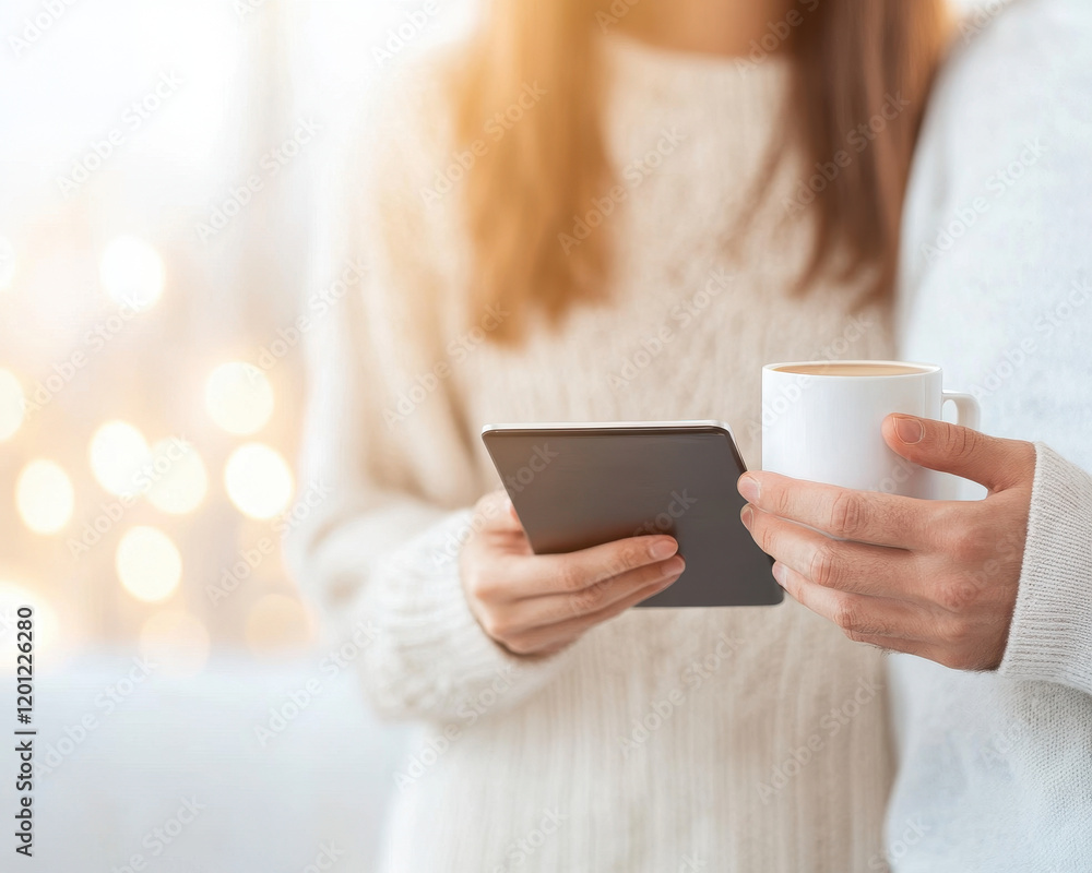 Cozy couple discussing plans while holding smartphone and cup. warm atmosphere creates sense of intimacy and connection Cozy couple discussing plans while holding smartphone and cup. warm atmosphere creates sense of intimacy and connection