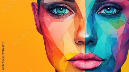 Polygon watercolor concept. A vibrant portrait showcasing a colorful geometric face art with striking features.