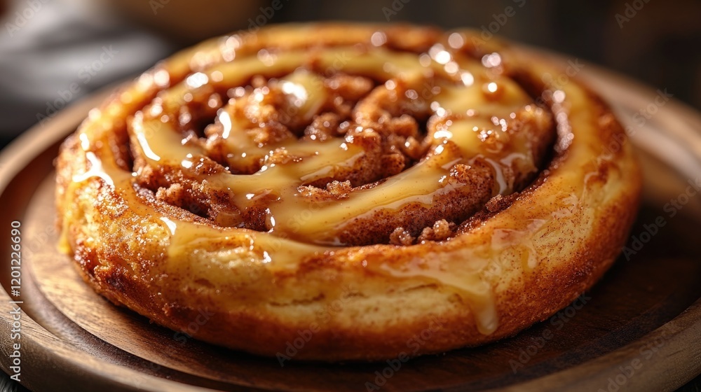 A close-up shot of a warm cinnamon roll on a wooden plate, perfect for food photography or social media posts A close-up shot of a warm cinnamon roll on a wooden plate, perfect for food photography or social media posts