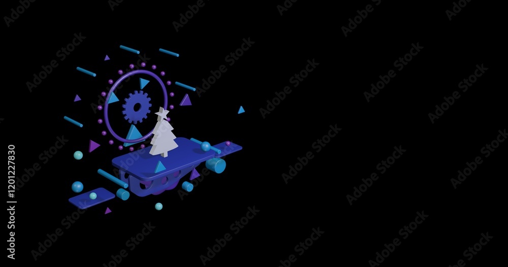 Obraz premium White Christmas tree on a pedestal of abstract geometric shapes floating in the air. Abstract concept art with flying shapes on the left. 3d illustration on black background
