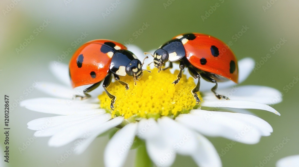 Two ladybugs bask in the warm sunlight while perched on bright daisies, showcasing nature's beauty in a lively moment Two ladybugs bask in the warm sunlight while perched on bright daisies, showcasing nature's beauty in a lively moment