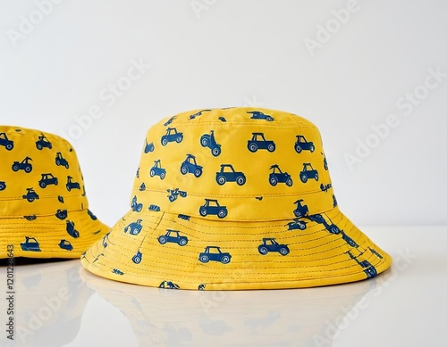 Colorful yellow bucket hat with playful tractor prints, perfect for kids or casual outings. photo