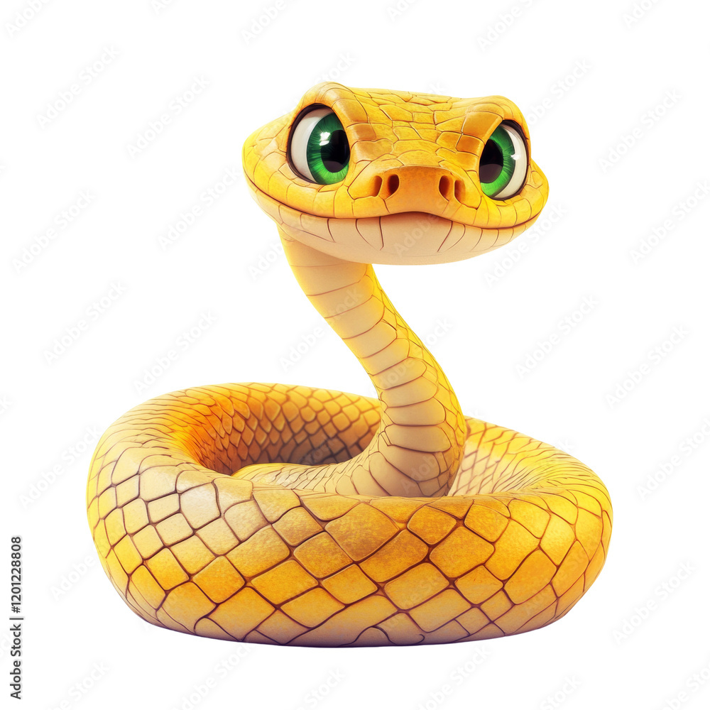 Fototapeta premium A cute yellow cartoon snake with large green eyes is playfully coiled on a white background.