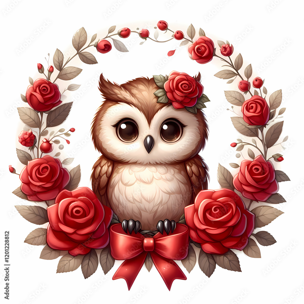 Cute owl surrounded by red roses in a floral wreath with a bow on a white background Cute owl surrounded by red roses in a floral wreath with a bow on a white background