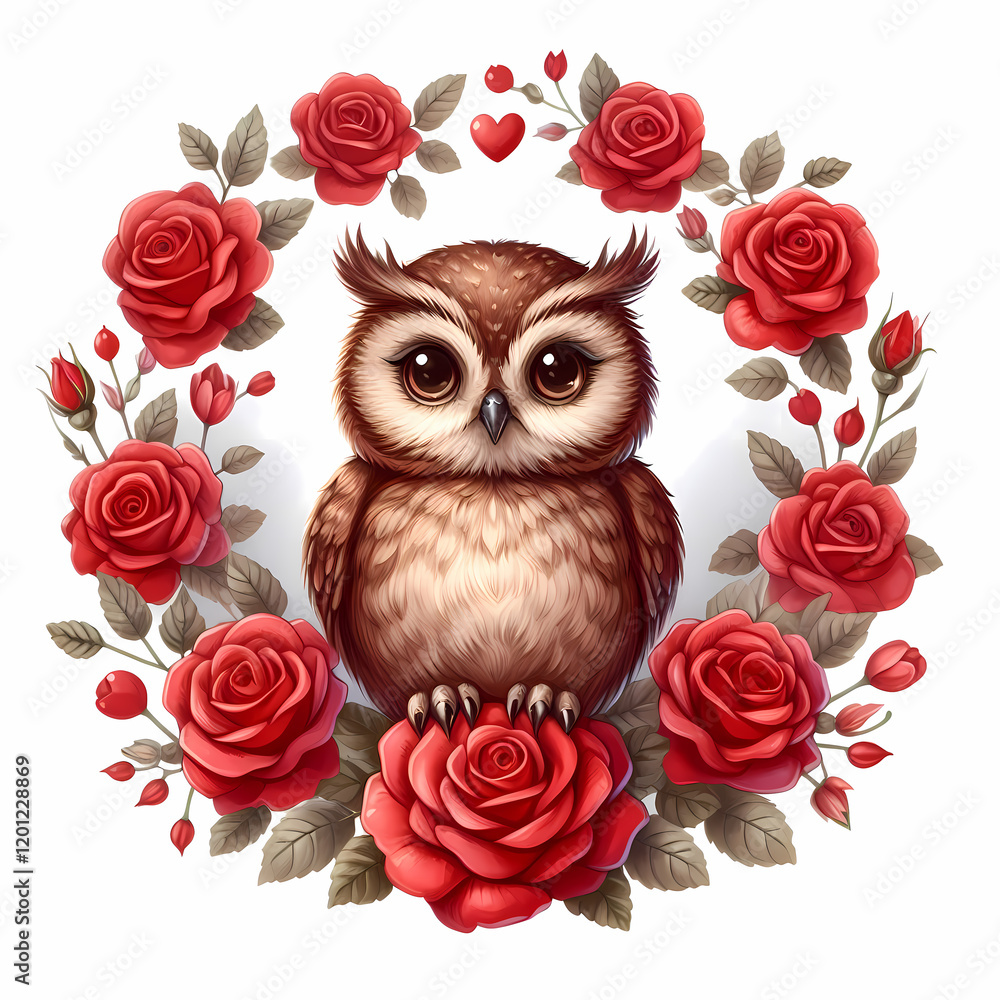 Cute brown owl surrounded by red roses in a floral wreath design, perfect for seasonal decoration or gifts Cute brown owl surrounded by red roses in a floral wreath design, perfect for seasonal decoration or gifts