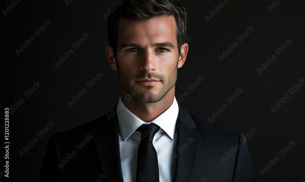 Elegant man in formal suit with tie, showcasing confidence and sophistication against dark background Elegant man in formal suit with tie, showcasing confidence and sophistication against dark background