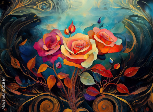 Wallpaper Mural Three vibrant roses bloom against a swirling, dark background.  Their petals are richly colored, and the leaves show autumnal hues. The background features ornate, golden designs. Torontodigital.ca