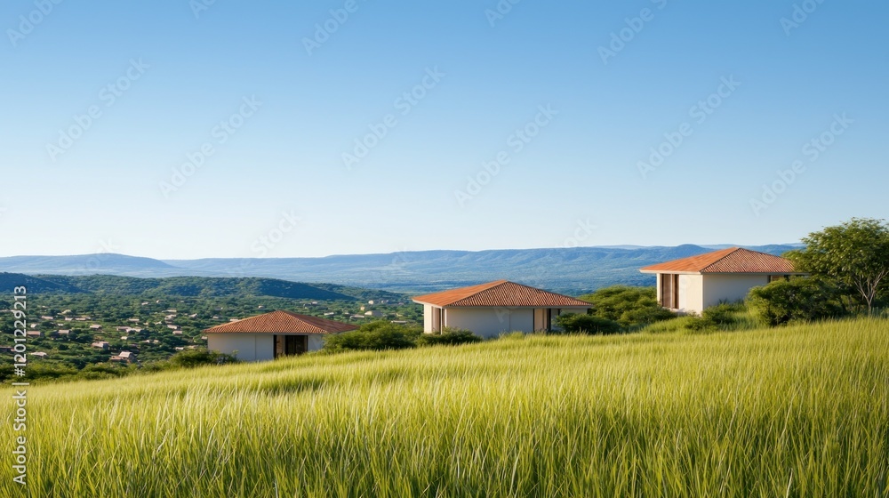 Obraz premium Rural Houses on Hilltop with Expansive View