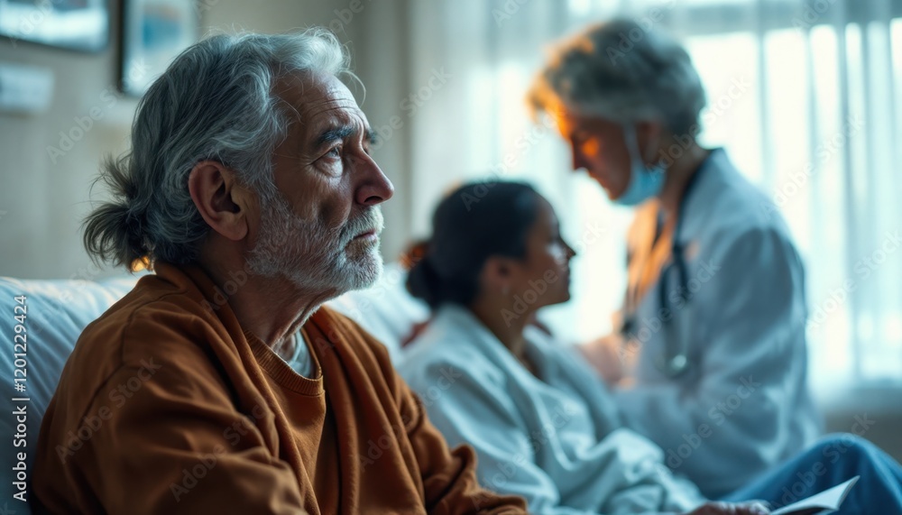 Obraz premium Elderly caucasian male patient in hospital with doctor and family