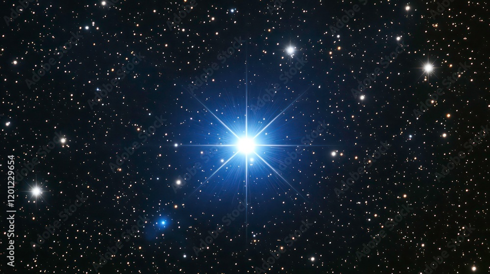 Obraz premium A bright, blue star shines intensely amidst a dark, star-filled night sky.