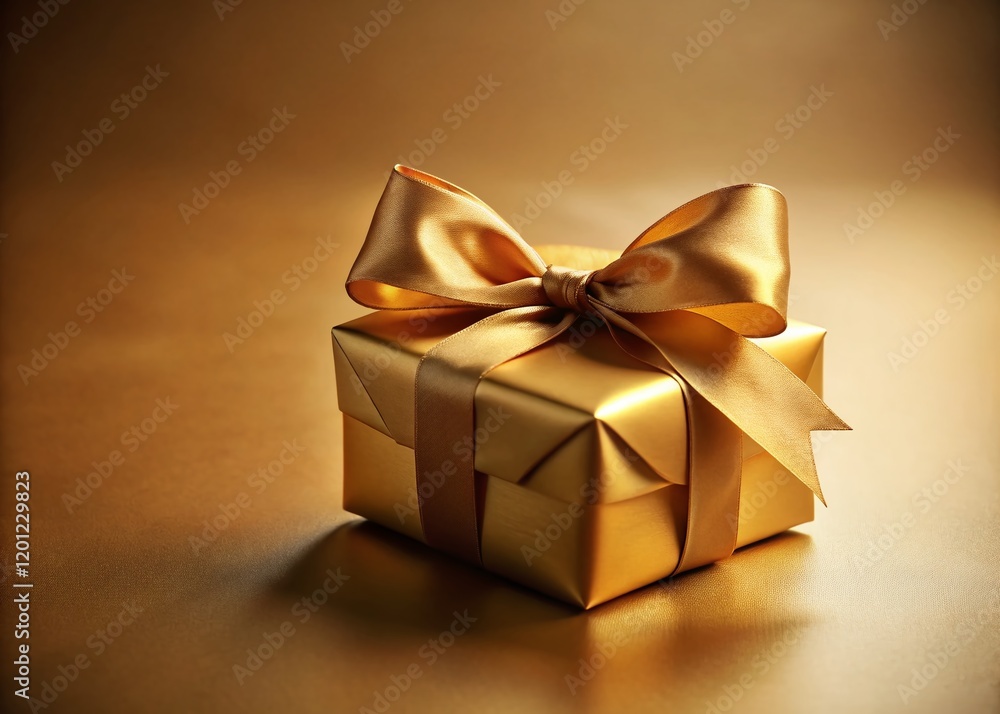 Luxurious Gold Gift Box with Ribbon Bow on Beige Background - Empty Space for Text Luxurious Gold Gift Box with Ribbon Bow on Beige Background - Empty Space for Text