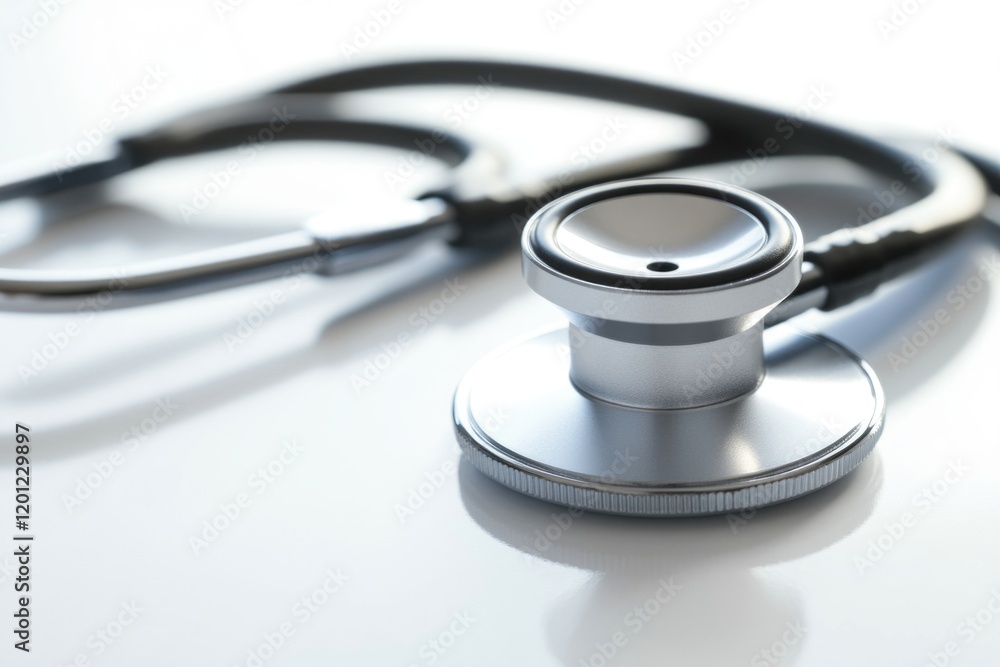 A stethoscope resting on a white table, suitable for medical or educational illustrations A stethoscope resting on a white table, suitable for medical or educational illustrations