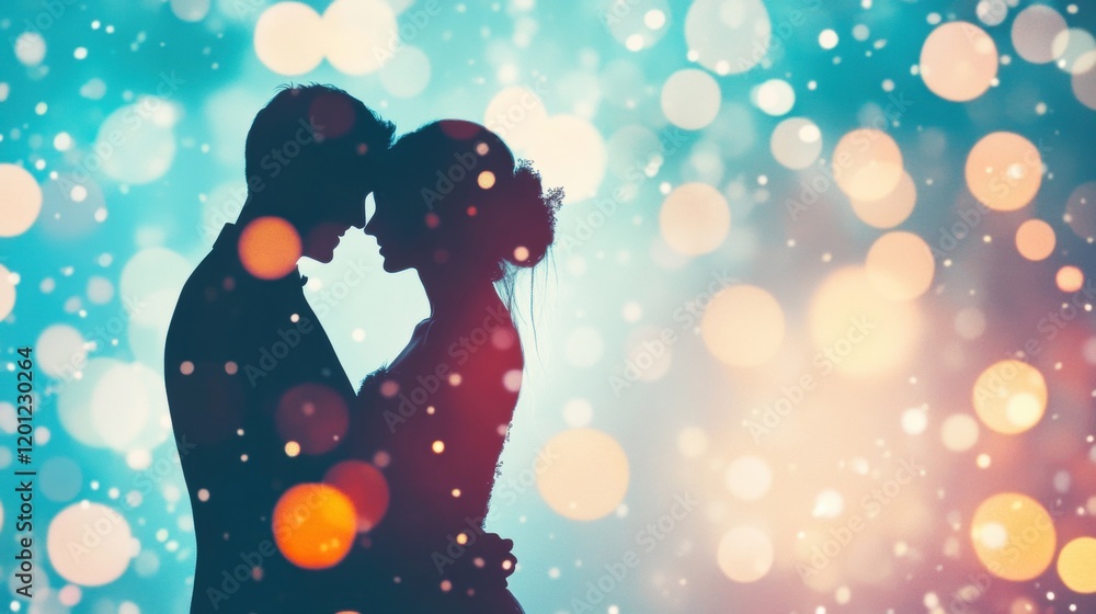 A couple stands close, their silhouettes framed by soft bokeh lights, creating a dreamy and romantic atmosphere in the evening A couple stands close, their silhouettes framed by soft bokeh lights, creating a dreamy and romantic atmosphere in the evening