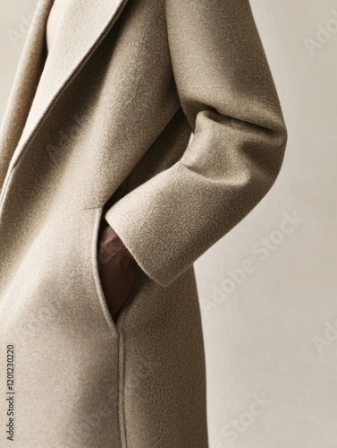 Sophisticated beige coat with pocket detail highlighted photo