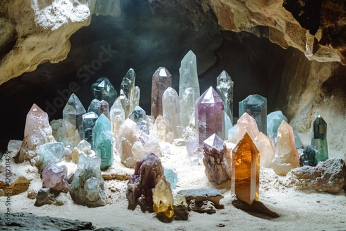 Colorful crystals of various shapes and sizes rise from the sand in a mystic cave, illuminated by a soft light photo