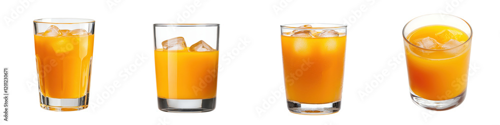Closeup view of a refreshing chilled orange juice or cocktail drink served in a transparent glass on a table The beverage is garnished with ice cubes and a slice of fresh citrus fruit Closeup view of a refreshing chilled orange juice or cocktail drink served in a transparent glass on a table The beverage is garnished with ice cubes and a slice of fresh citrus fruit