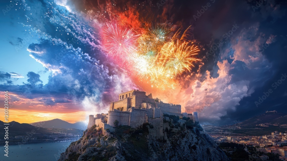 Fototapeta premium Colorful fireworks display celebrating history ancient fortress digital art nighttime dramatic contrast