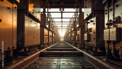 Electrical power distribution station at sunset, infrastructure providing energy security photo