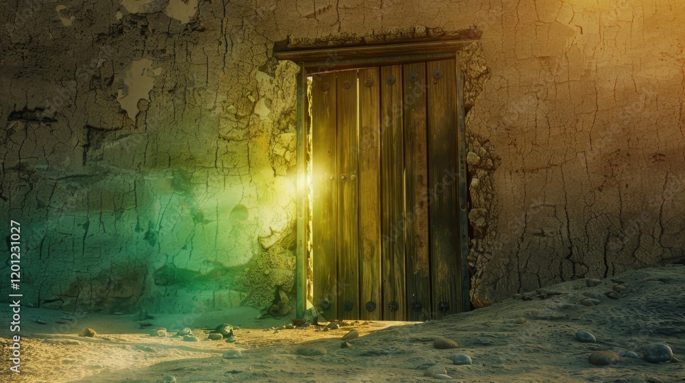 a high-resolution photograph of an ancient wooden door in the desert slightly ajar with a bright cyan light shining through a high-resolution photograph of an ancient wooden door in the desert slightly ajar with a bright cyan light shining through