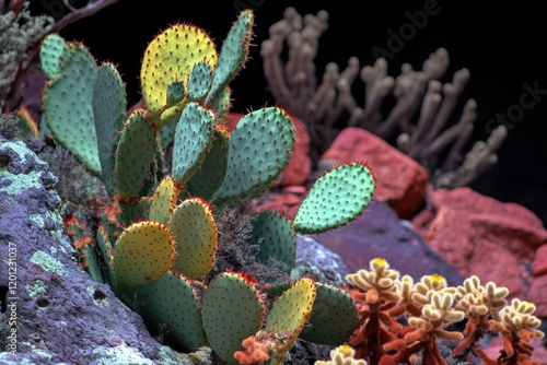 A prickly cactus plant emerging from a rocky crevice photo