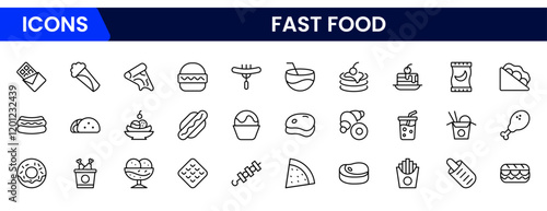 The fast food web icon is set in line style. Pizza, chips, burgers, french fries, hot dogs, collection. Vector illustration.