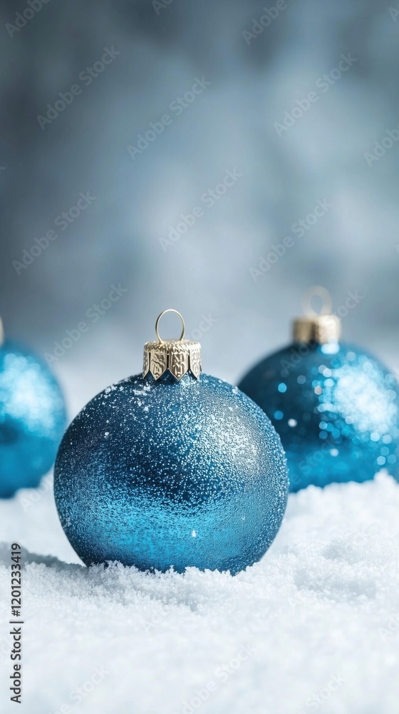 Blue Christmas ornaments sparkling in snow, festive holiday decorations, winter season ambiance Blue Christmas ornaments sparkling in snow, festive holiday decorations, winter season ambiance