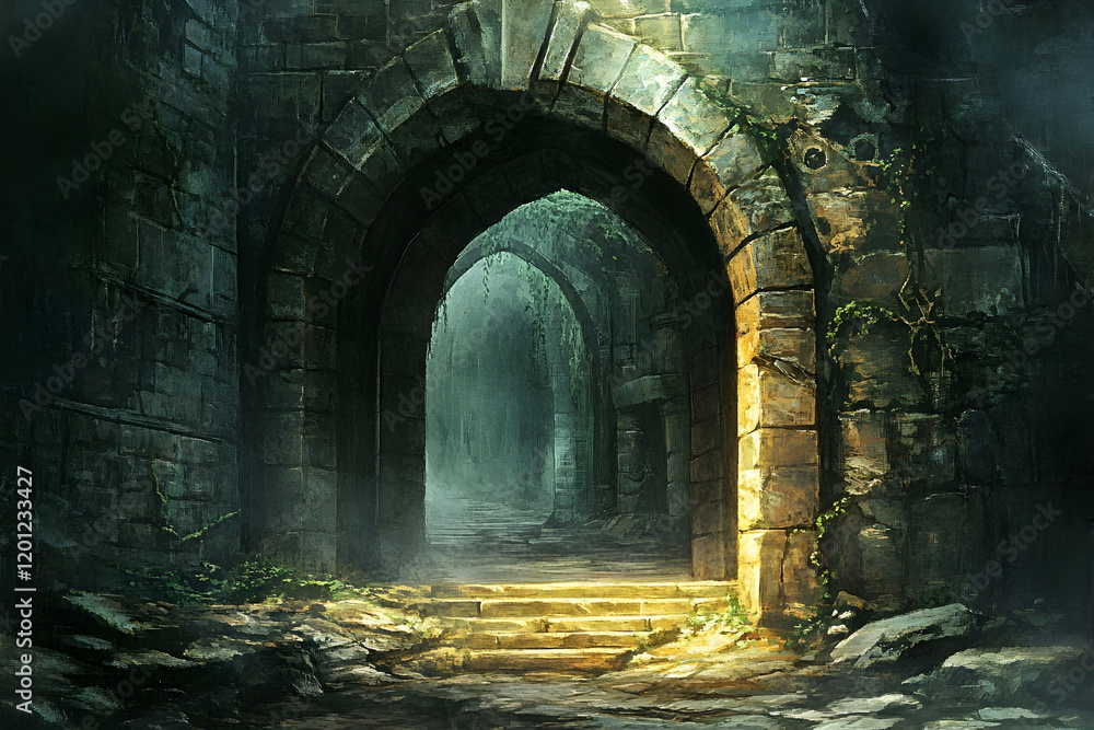 Fototapeta premium Mysterious stone archway inside an ancient underground structure