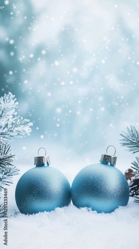 Blue Christmas ornaments on snow with pine branches and soft bokeh background, festive winter scene Blue Christmas ornaments on snow with pine branches and soft bokeh background, festive winter scene