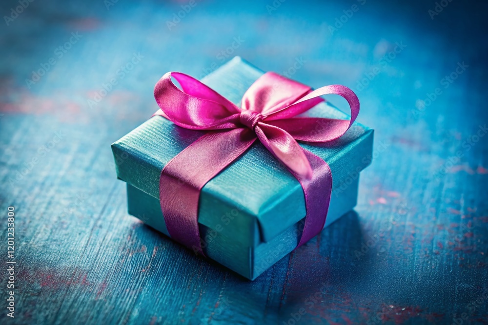 Macro Blue Gift Box with Pink Ribbon on Blue Background - Stock Photo Macro Blue Gift Box with Pink Ribbon on Blue Background - Stock Photo
