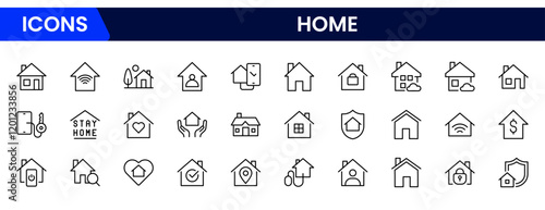 House or Real estate icon set. It contains the house, key, buy, sell, loan, smart home, building, mortgage, address, renovation, land, kitchen, bedroom, living room, and bathroom. vector collection