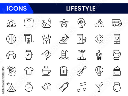 Lifestyle icon set. Containing healthy lifestyle, diet, exercise, sleep, relationships, running, routine, self-care, culture and hobbies icons.