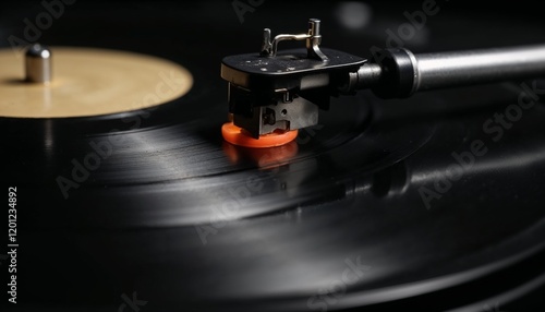 Wallpaper Mural Turntable Needle on Vinyl Record Close-Up in Moody Lighting, Nostalgie theme Torontodigital.ca