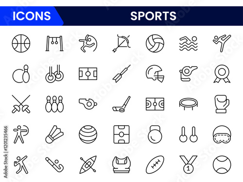 Sports Icons vector illustration with thin line contain medal, football, basketball, cycling, athlete, racket, table tennis, sparing, cardio, gym, weight training, golf, volleyball
