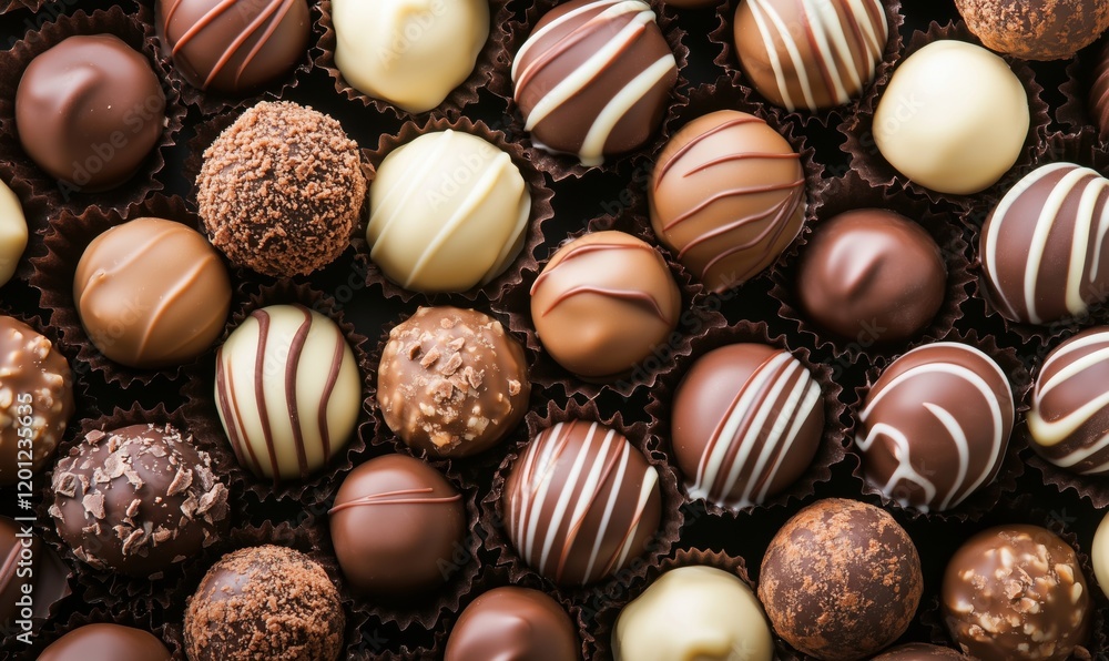Assorted Gourmet Chocolate Truffles Variety, Rich Dark, Milk, White Chocolate, Decorative Swirls, Textures, Perfect for Gifting or Indulging Assorted Gourmet Chocolate Truffles Variety, Rich Dark, Milk, White Chocolate, Decorative Swirls, Textures, Perfect for Gifting or Indulging