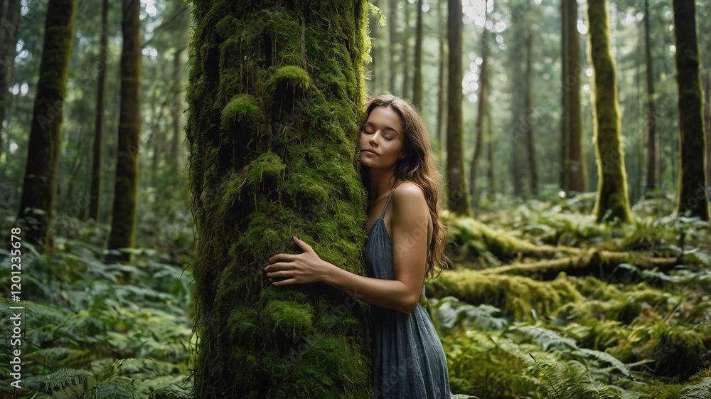 Woman hugging and embracing a moss-covered tree trunk in a lush green forest Woman hugging and embracing a moss-covered tree trunk in a lush green forest