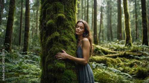 Woman hugging and embracing a moss-covered tree trunk in a lush green forest