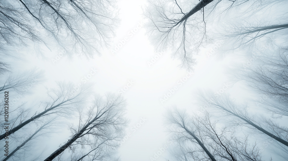 Fototapeta premium Tall trees with seasonal branches stretching up toward sky in serene and peaceful scene